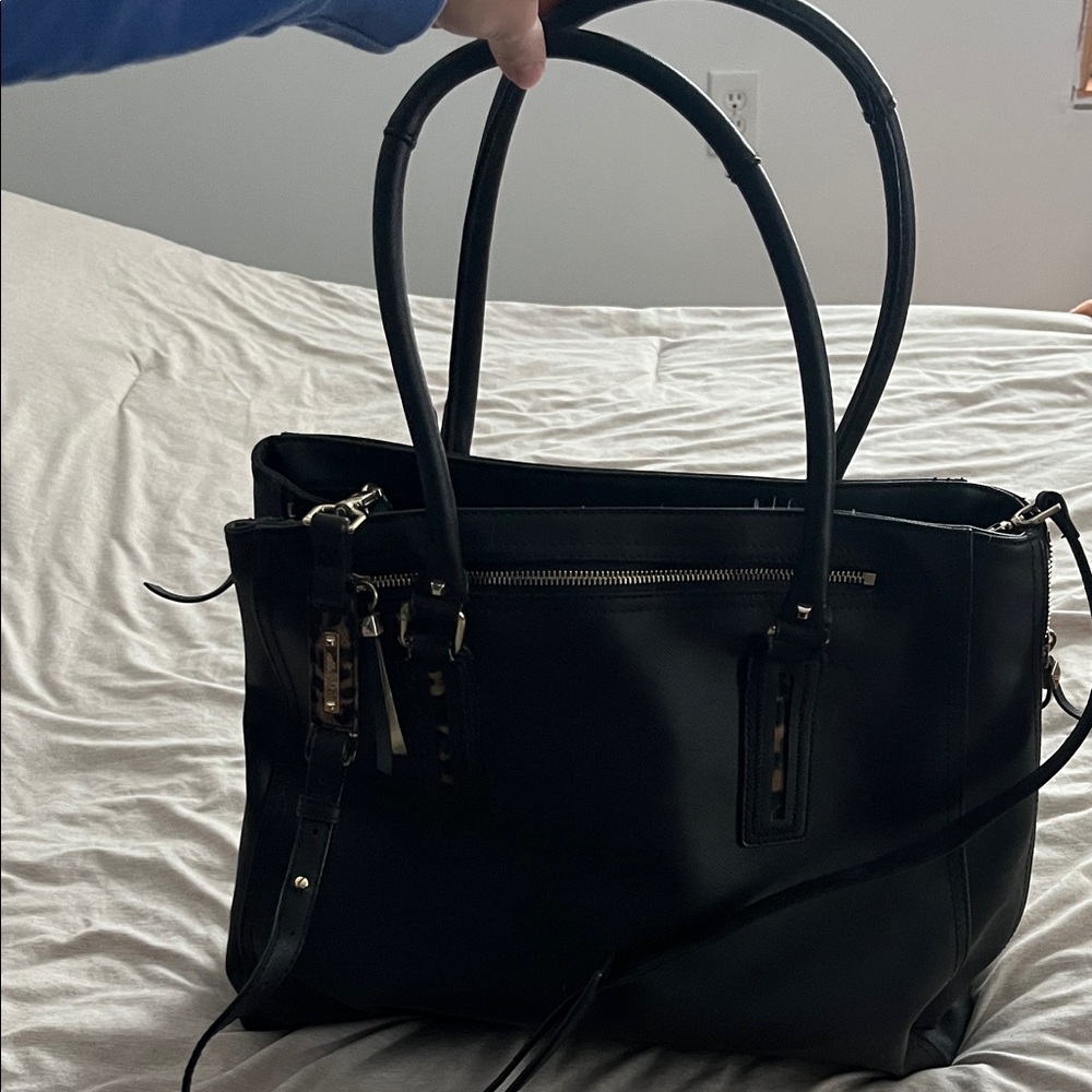 Stella & Dot Elegant Black Leather Tote Bag w/Cheetah accent